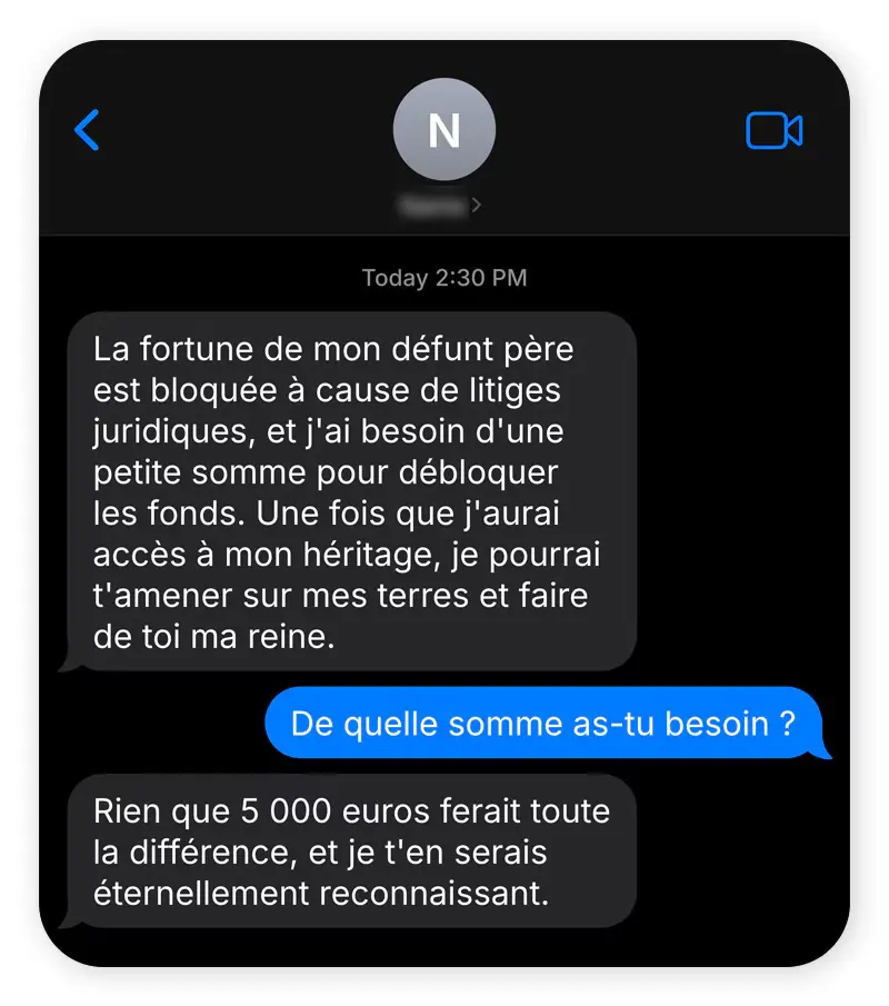 Exemple de conversation d'arnaque sentimentale sur Facebook Messenger