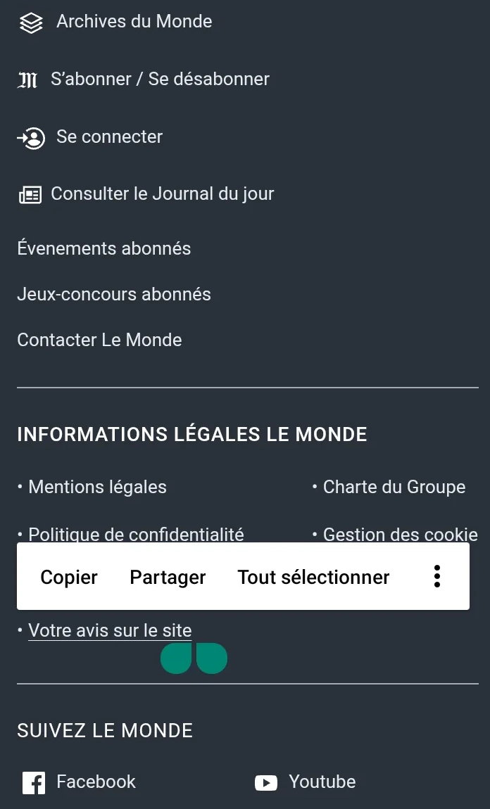 Informations légales affichées dans le footer de la page analysée