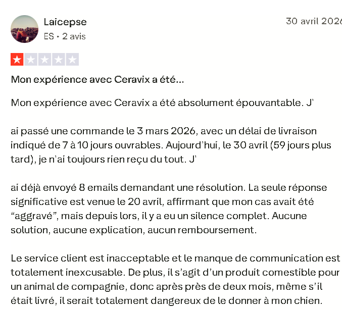 Exemple d’avis Trustpilot évoquant des problèmes de livraison et de remboursement