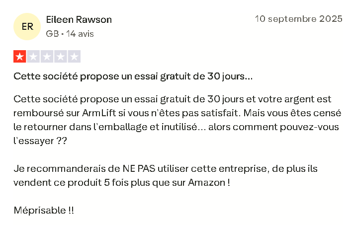 Exemple d’avis Trustpilot concernant le service client et les retours