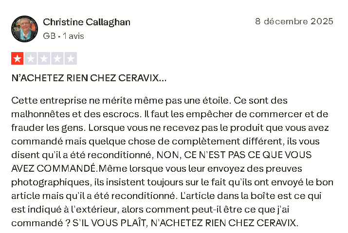 Exemple d’avis Trustpilot concernant la conformité du produit reçu